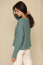 Load image into Gallery viewer, Semi cropped teal sweater. Cotton blend with ribbed texture
