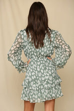 Load image into Gallery viewer, Soft jade colored v-neck double ruffle chiffon lined dress with tie detail.
