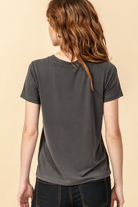 Charcoal colored basic short sleeve crew neck tee. Modal blend.