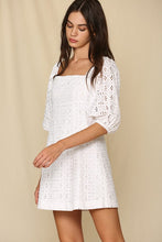 Load image into Gallery viewer, White lined eyelet dress with 3/4 sleeve.
