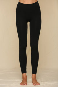 Black seamless leggings with gusset and 2" ribbed band at waist.  Appx 9" rise.