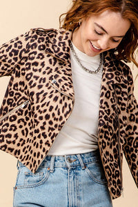 Leopard print moto jacket with multi zipper detail - light suede-like material.