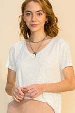 Load image into Gallery viewer, White v-neck basic tee.  Wear it with a side tuck or knotted on the side.
