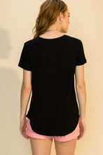 Load image into Gallery viewer, Black v-neck basic tee. Wear it with a side tuck or knotted on the side.  Edit alt text
