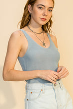 Load image into Gallery viewer, Smoke blue Lightweight knit v-neck sweater tank top.
