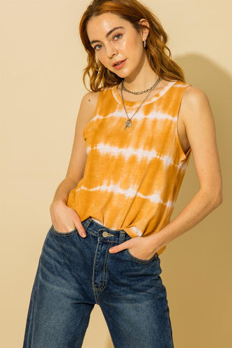 Melon colored tie dye tank top with crew neck. Cotton/modal blend