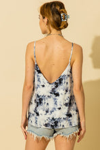 Load image into Gallery viewer, Navy combo v-neck tie dye print tank with adjustable straps.
