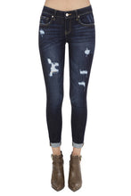 Load image into Gallery viewer, Dark wash low rise ankle skinny with some subtle distressing. Cotton blend.
