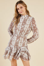 Load image into Gallery viewer, Beige/ taupe high neck, long sleeve dress with snake pattern and tiered ruffle detail at bottom.  Zip-up back.
