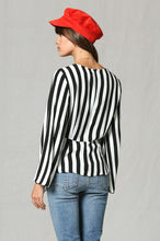 Load image into Gallery viewer, Black and white striped long sleeve top with subtle bell sleeve, side-tie &amp; front keyhole detail.
