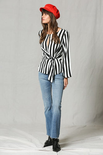 Black and white striped long sleeve top with subtle bell sleeve, side-tie & front keyhole detail.