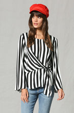 Load image into Gallery viewer, Black and white striped long sleeve top with subtle bell sleeve, side-tie &amp; front keyhole detail.
