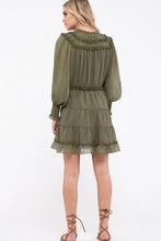 Load image into Gallery viewer, Olive colored tiered ruffle dress with tie details. Dress is lined.
