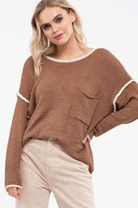 Almond colored contrast trim sweater with pocket