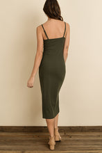 Load image into Gallery viewer, Olive colored fitted midi dress with button detail and adjustable straps.
