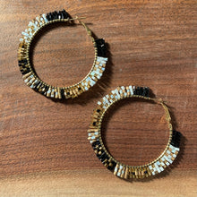 Load image into Gallery viewer, Black multi combo woven multi beaded hoops with clasp post.
