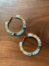 Load image into Gallery viewer, Light blue multi combo woven multi beaded hoops with clasp post.
