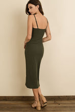 Load image into Gallery viewer, Olive colored fitted midi dress with button detail and adjustable straps.
