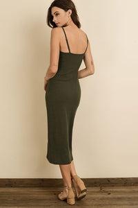 Olive colored fitted midi dress with button detail and adjustable straps.