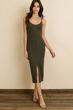 Load image into Gallery viewer, Olive colored fitted midi dress with button detail and adjustable straps.
