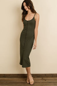 Olive colored fitted midi dress with button detail and adjustable straps.