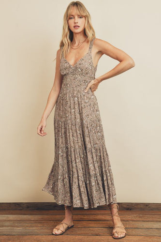 Pale mauve tie-back tiered midi/ maxi dress with subtle floral detail. 