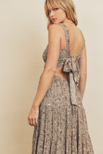 Load image into Gallery viewer, Pale mauve tie-back tiered midi/ maxi dress with subtle floral detail. 
