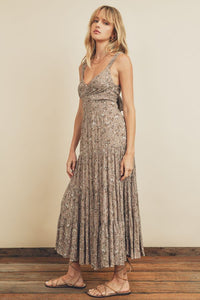 Pale mauve tie-back tiered midi/ maxi dress with subtle floral detail. 