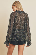 Load image into Gallery viewer, Black combo semi sheer button down blouse with ruffled neckline detail.
