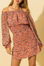 Load image into Gallery viewer, Off the shoulder floral print dress with ruched &amp; ruffle details
