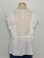 Load image into Gallery viewer, White lightweight top with eyelet &amp; ruffle detail. 100% Cotton.
