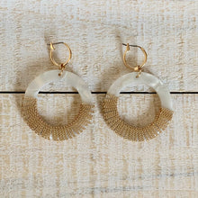 Load image into Gallery viewer, Chain wrapped acrylic dangle hoops with gold hoop post.  Earring measures approx 2.25&quot;.  Metal Content: Blended Metal. Color: Ivory
