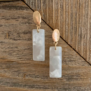 Acrylic dangle earrings with gold oval post detail.  Earring measures approx 1.5".  Metal Content: Blended Metal. Color: Ivory