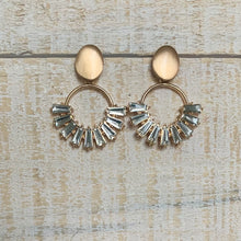 Load image into Gallery viewer, Glass beaded fan hoops with gold post detail.  Earring measures approx 1.25&quot;.  Metal Content: Blended Metal. Color: Clear
