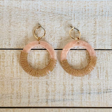 Load image into Gallery viewer, Chain wrapped acrylic dangle hoops with gold hoop post.  Earring measures approx 2.25&quot;.  Metal Content: Blended Metal. Color: Blush
