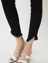 Load image into Gallery viewer, Black cotton blend high rise skinny ankle fit with raw fringe hem
