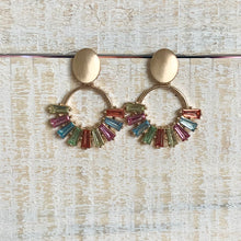 Load image into Gallery viewer, Glass beaded fan hoops with gold post detail.  Earring measures approx 1.25&quot;.  Metal Content: Blended Metal. Color: Confetti
