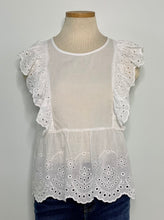 Load image into Gallery viewer, White lightweight top with eyelet &amp; ruffle detail. 100% Cotton.
