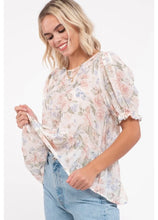 Load image into Gallery viewer, Floral puff sleeve peplum top with back tie detail.
