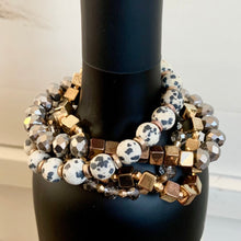 Load image into Gallery viewer, Glass and stone with mixed metal stretch beaded bracelets.  Set of 4 bracelets in each color combo.  Metal Content: Blended Metal. Color: Dalmatian Jasper
