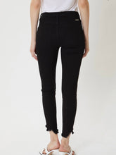 Load image into Gallery viewer, Black cotton blend high rise skinny ankle fit with raw fringe hem
