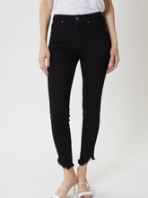 Load image into Gallery viewer, Black cotton blend high rise skinny ankle fit with raw fringe hem
