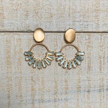 Load image into Gallery viewer, Glass beaded fan hoops with gold post detail.  Earring measures approx 1.25&quot;.  Metal Content: Blended Metal. Color: White Opal
