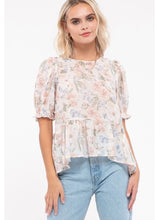 Load image into Gallery viewer, Floral puff sleeve peplum top with back tie detail.
