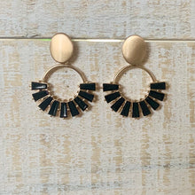 Load image into Gallery viewer, Glass beaded fan hoops with gold post detail.  Earring measures approx 1.25&quot;.  Metal Content: Blended Metal. Color: Black
