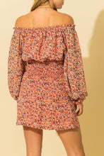 Load image into Gallery viewer, Off the shoulder floral print dress with ruched &amp; ruffle details
