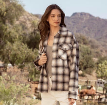 Load image into Gallery viewer, Black/ taupe/ white plaid button down shacket. Oversized, relaxed fit. 100% Cotton.
